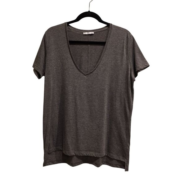 Zara Collection Charcoal Gray V-Neck Short Sleeve Cotton Blend Tee T-Shirt Top X - Picture 1 of 7